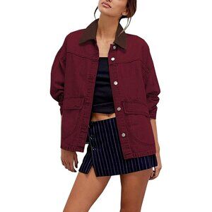 Women Oversized Denim Jacket with Contrast Trim Long Sleeve Button Down Crimson